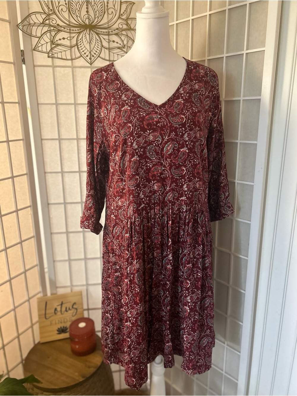 Garnet Hill Burgundy Paisley V-Neck Boho Pocket Dress Size 10